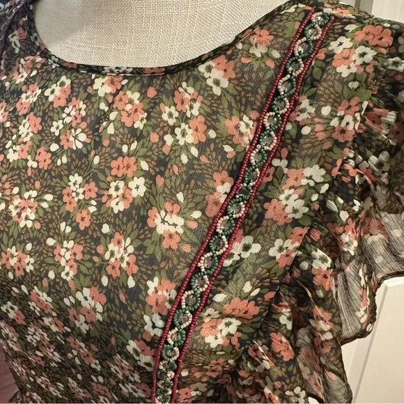 Zara Floral Ruffle Blouse with Beaded Embroidery - Picture 5 of 8